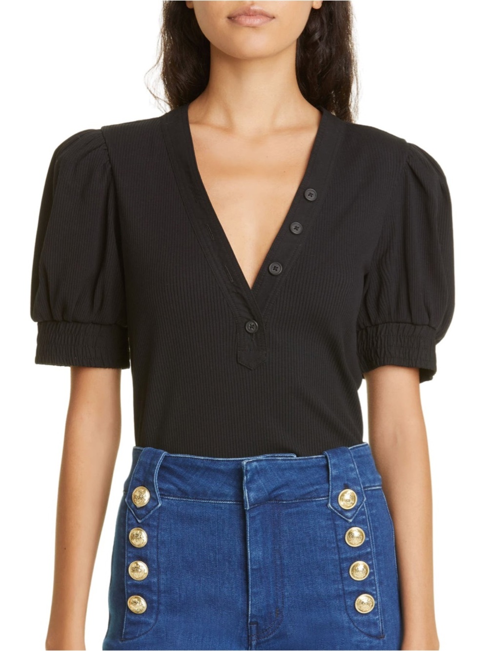Derek Lam 10 Crosby Top Womens M Black Ribbed Puff Sleeve V Neck NWT $195